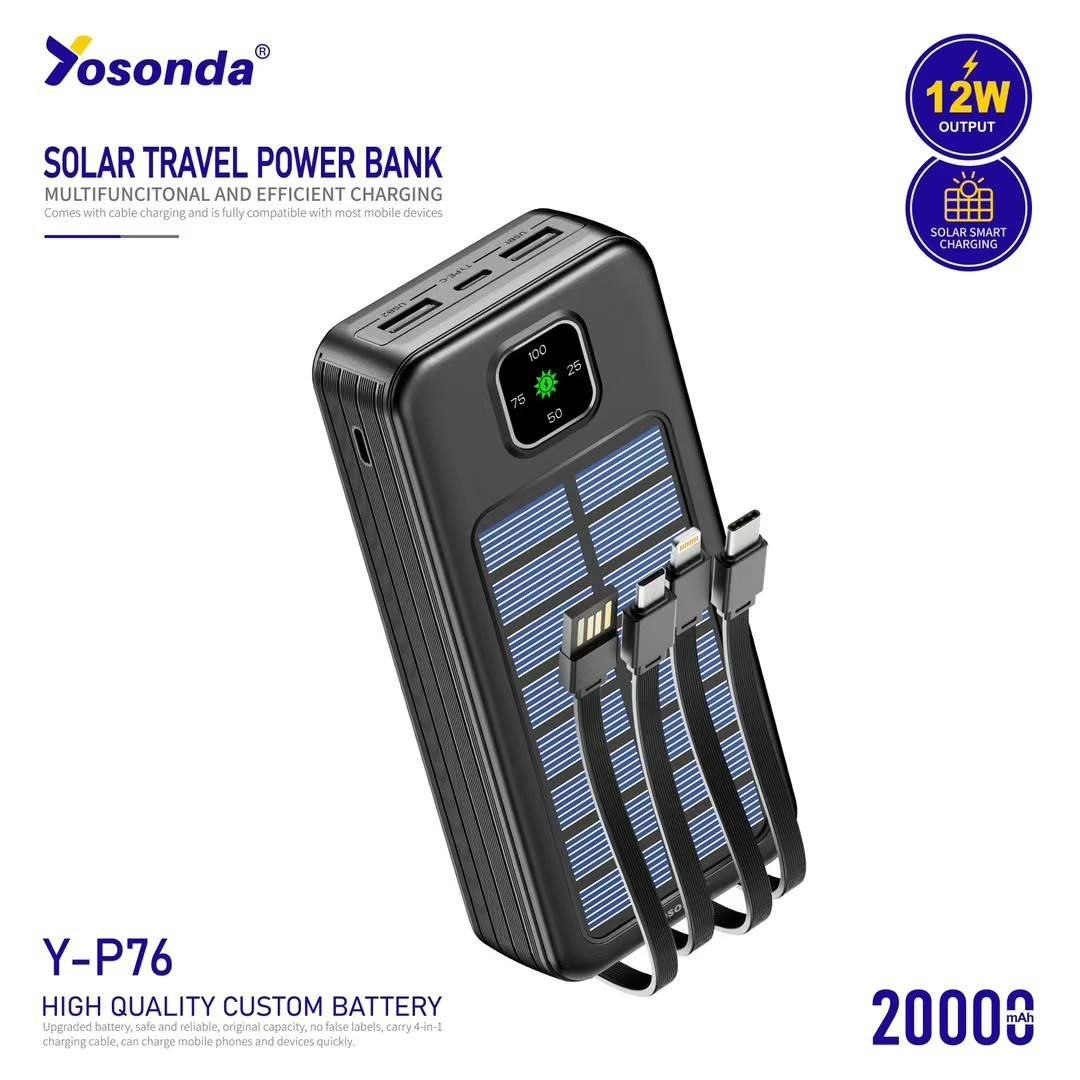 پاوربانک سولار یوسوندا (Yosonda) مدل Y-P76 ظرفیت 20000 میلی‌آمپر | پاوربانک خورشیدی اورجینال با 4 کابل سرخود