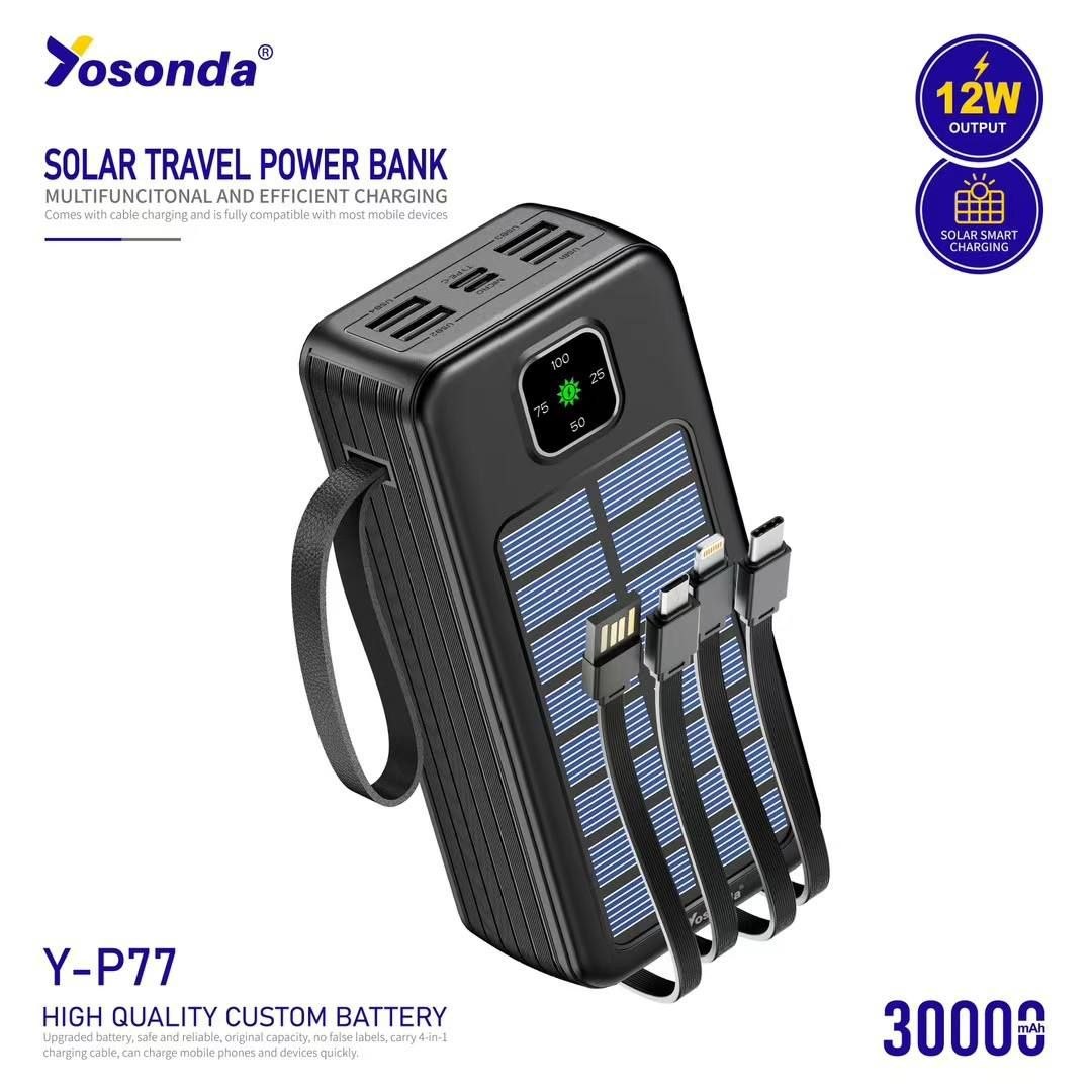 پاوربانک سولار یوسوندا (Yosonda) مدل Y-P77 ظرفیت 30000 میلی‌آمپر | پاوربانک خورشیدی اورجینال با 4 کابل