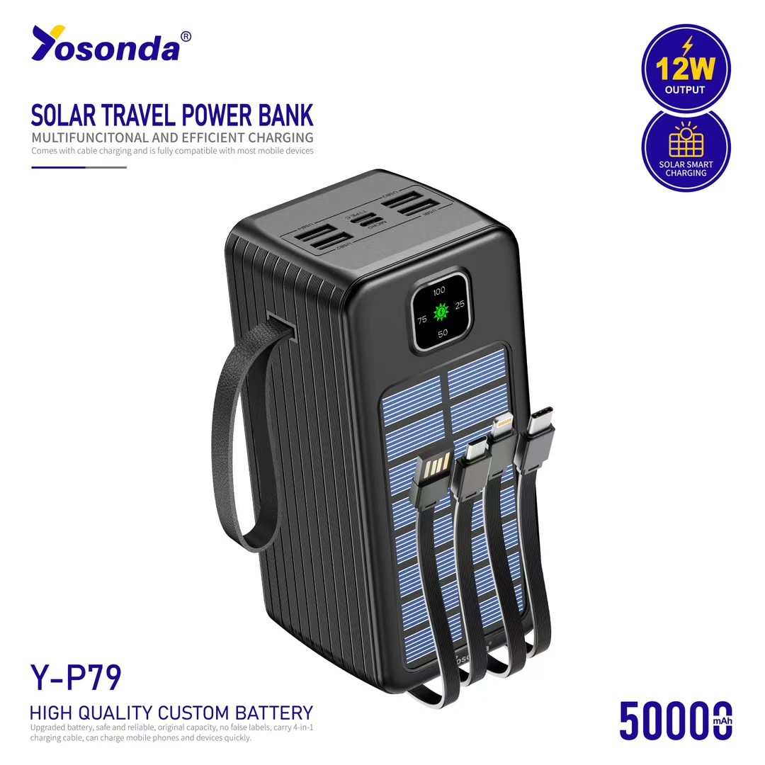 پاوربانک سولار یوسوندا (Yosonda) مدل Y-P79 ظرفیت 50000 میلی‌آمپر | پاوربانک خورشیدی با 4 کابل سرخود
