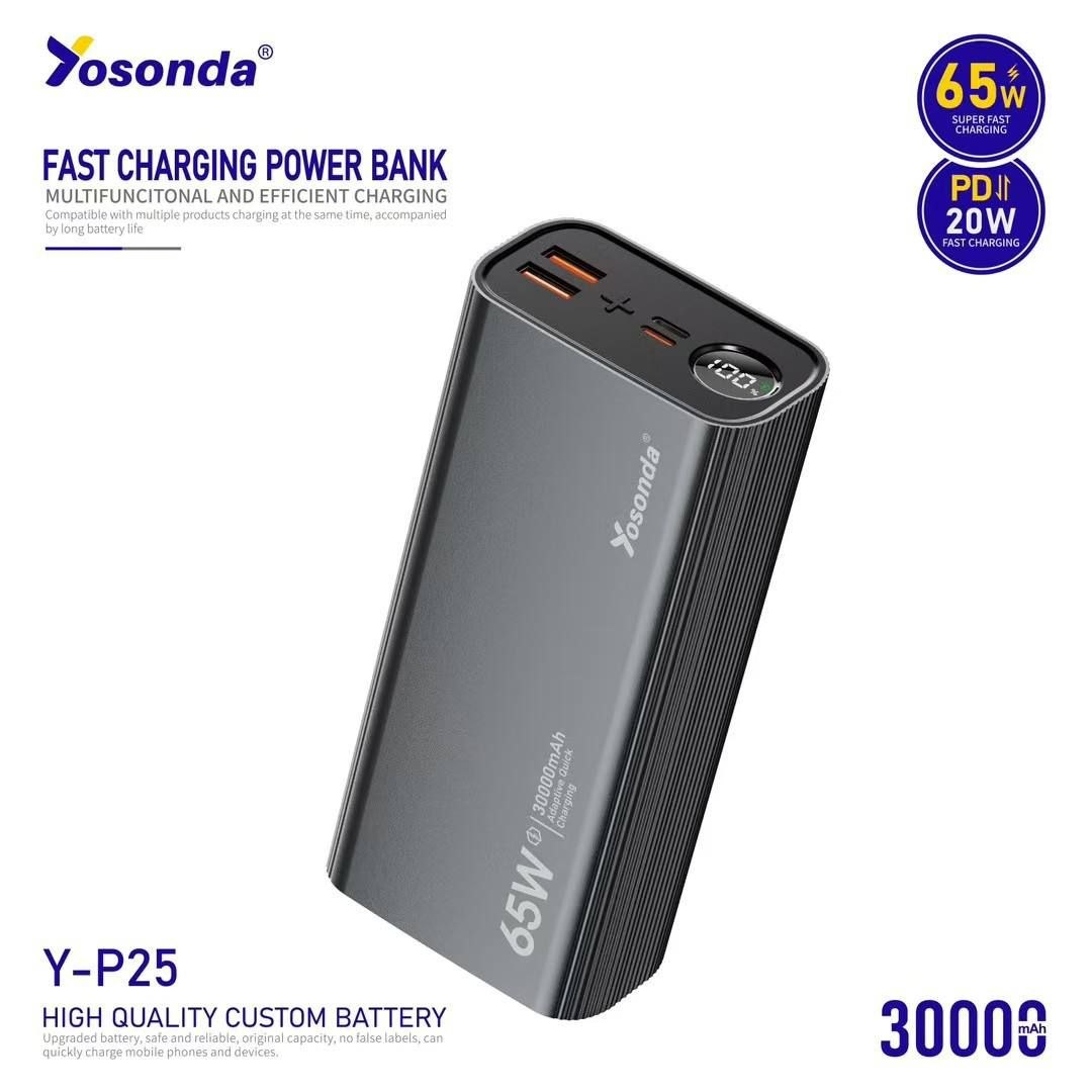 پاوربانک یوسوندا (Yosonda) مدل Y-P25 ظرفیت 30000 میلی‌آمپر | شارژ سریع 65 وات، PD 20W، بدنه فلزی و